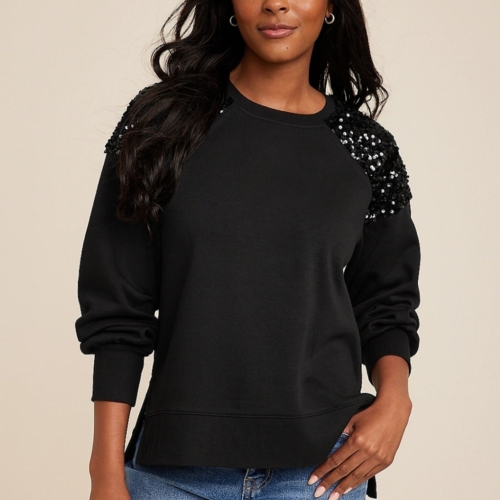 NEW Maurices Black Sequin Shoulder Crew Neck Sweatshirt Size Small